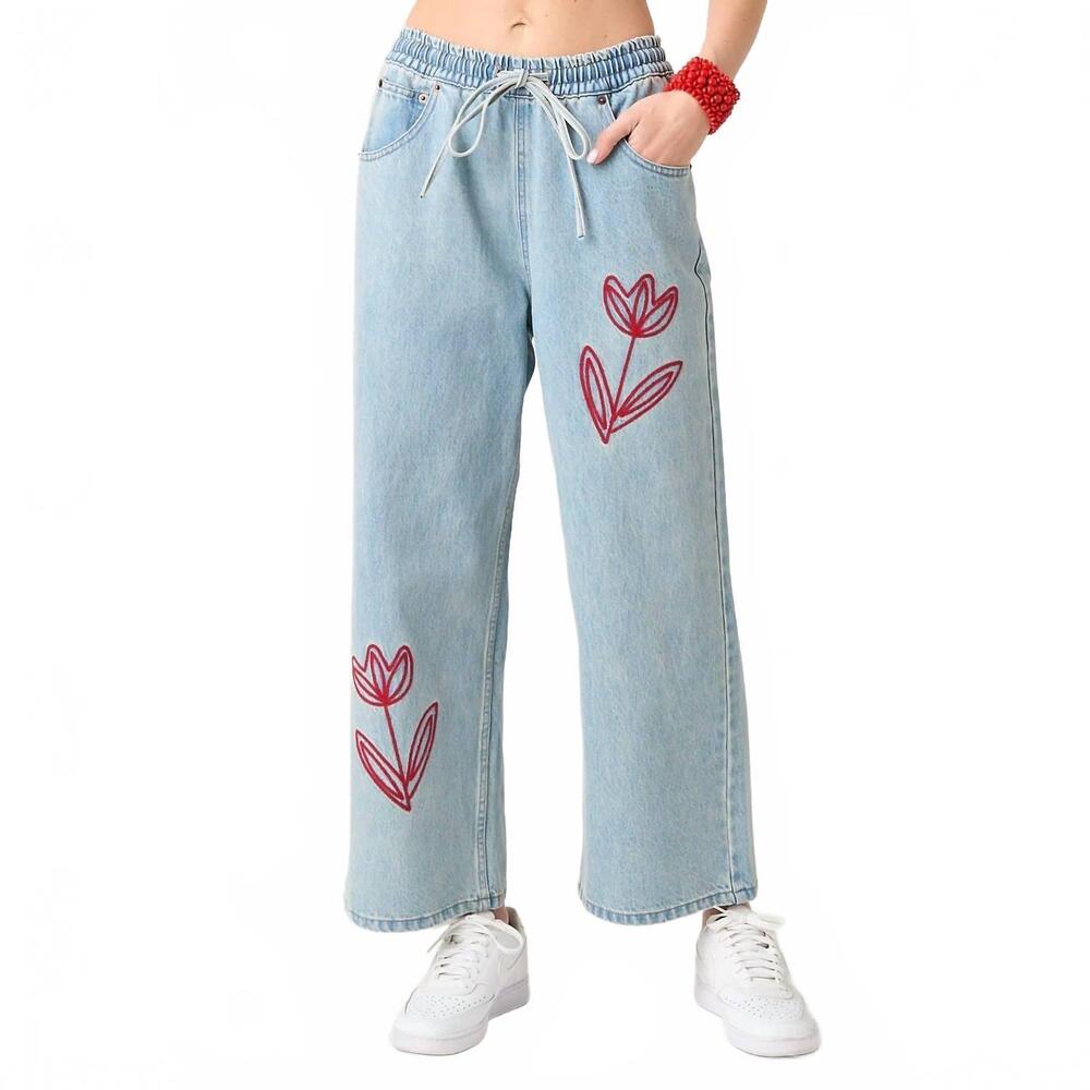 NEW MITTOSHOP ainsley tulip embroidery wide leg jeans in light wash